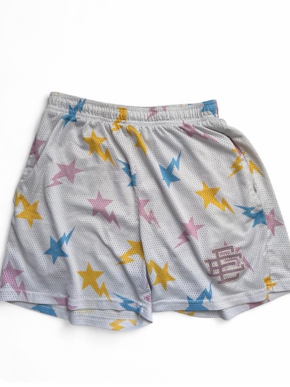 Eric Emanuel Light Gray Mesh Shorts with Pink, Blue & Yellow Stars
